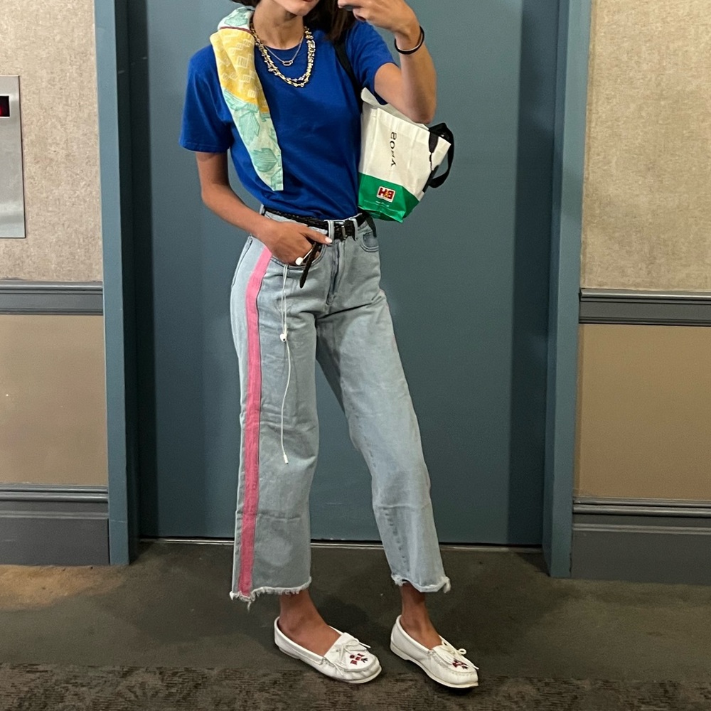 Blue jeans with pink side lining. Perfect light summer boyfriend jean